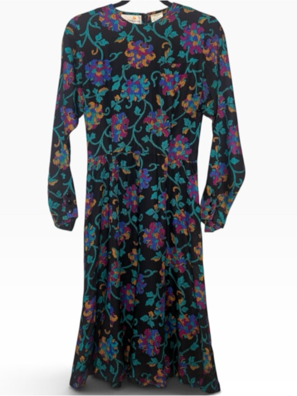 Vintage Liz Claiborne Floral Rayon Midi Dress Petite 6 Long Sleeve 80s 90s